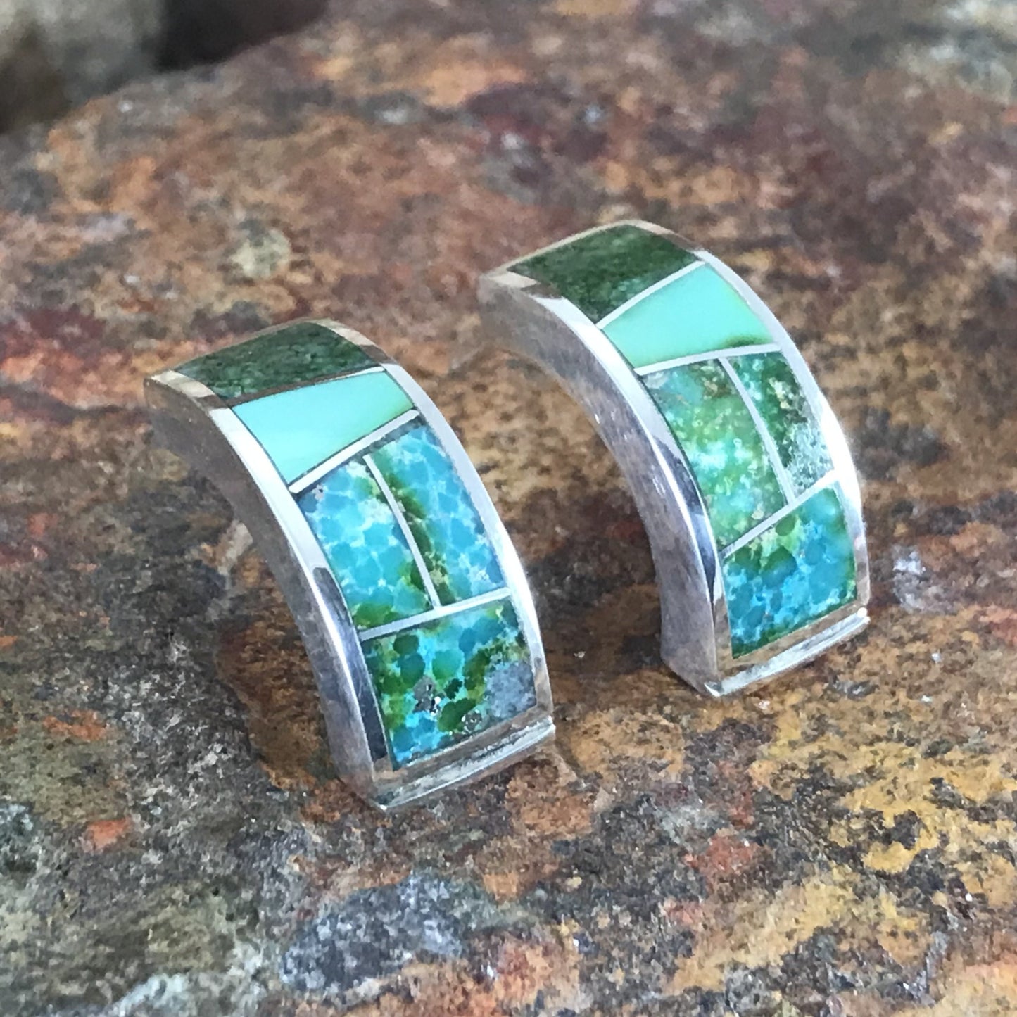 David Rosales Sonoran Gold Turquoise Inlaid Sterling Silver Earrings