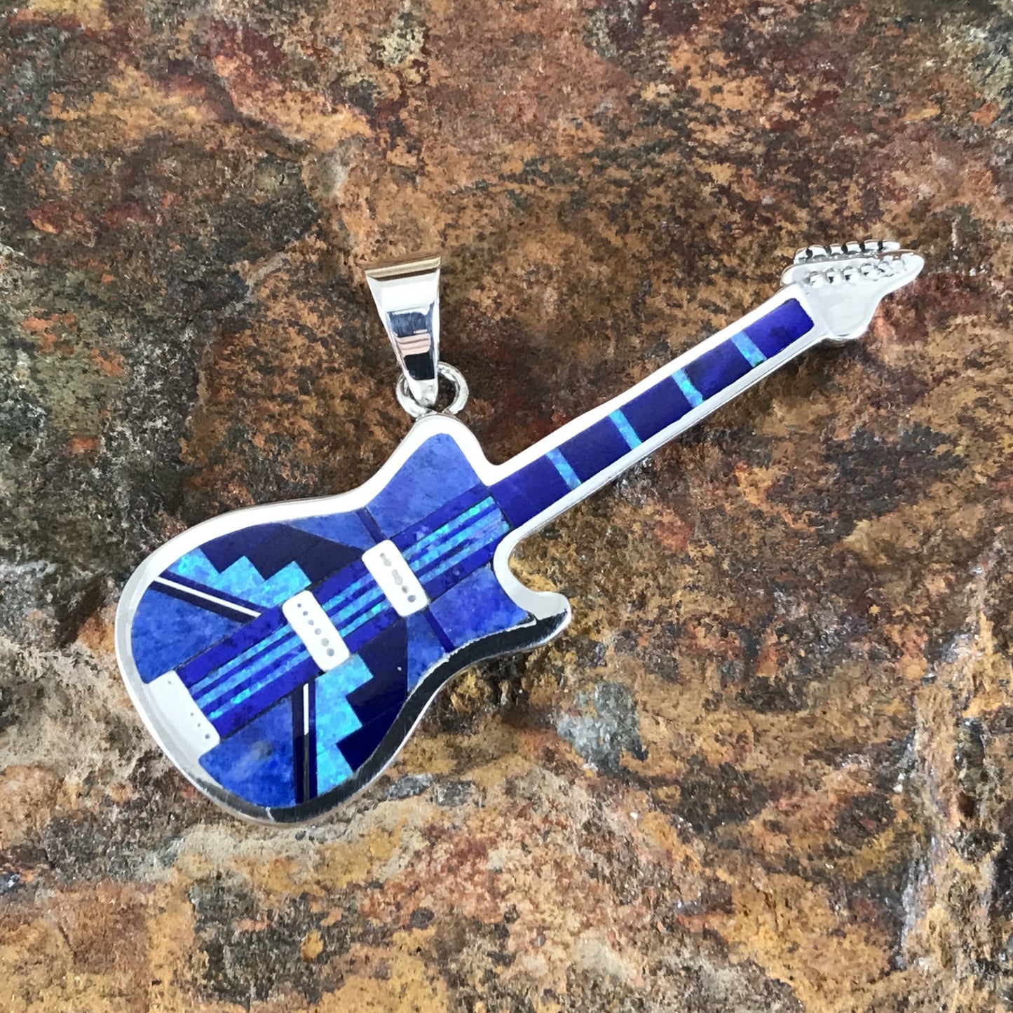 David Rosales Blue Sky Fancy Inlaid Sterling Silver Pendant Guitar