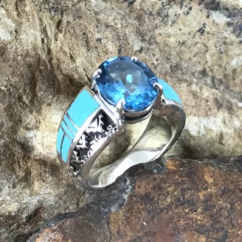 David Rosales Arizona Blue Inlaid Sterling Silver Ring w/ Blue Topaz