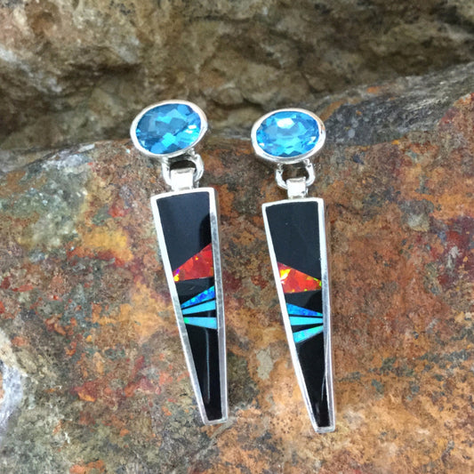 David Rosales Red Moon Inlaid Sterling Silver Earrings w/ Blue Topaz