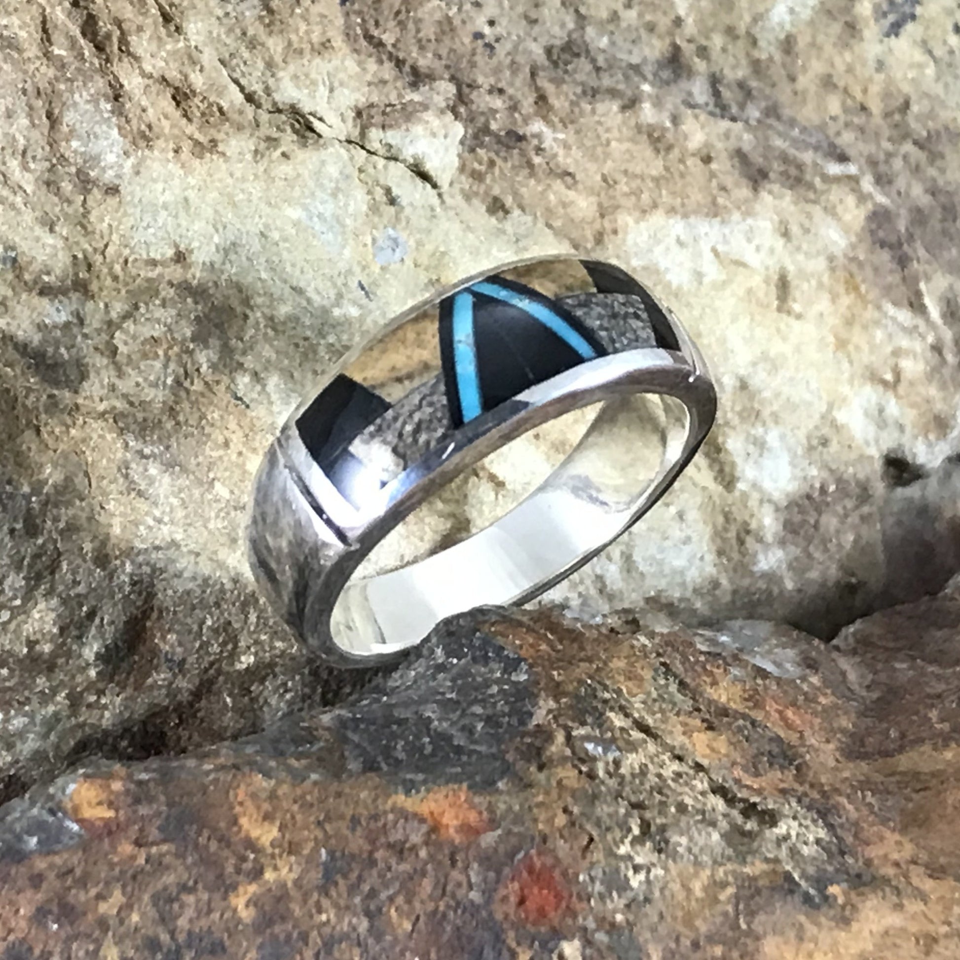 David Rosales Turquoise Creek Fancy Inlaid Sterling Silver Ring