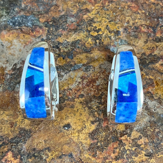 David Rosales Blue Sky Fancy Inlaid Sterling Silver Earrings Huggie