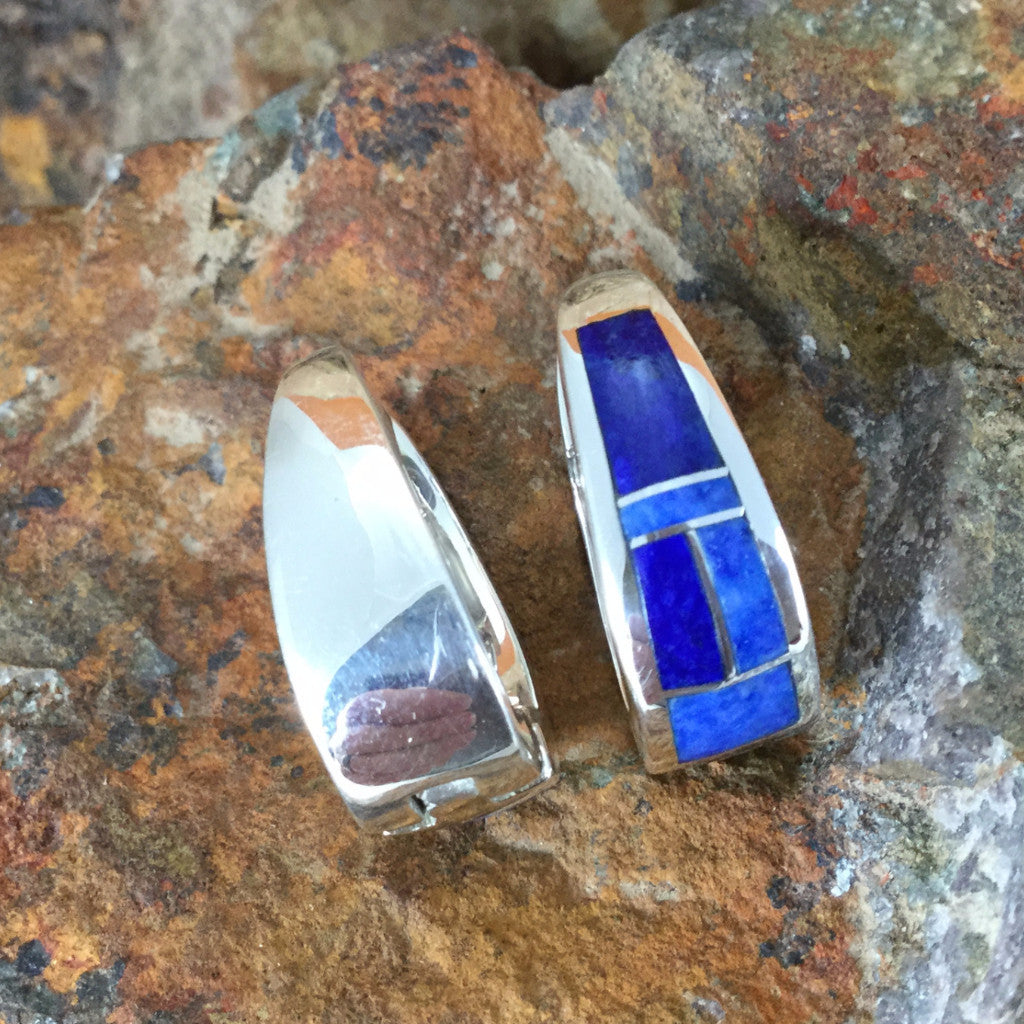 David Rosales Blue Water Inlaid Sterling Silver Earrings Huggie