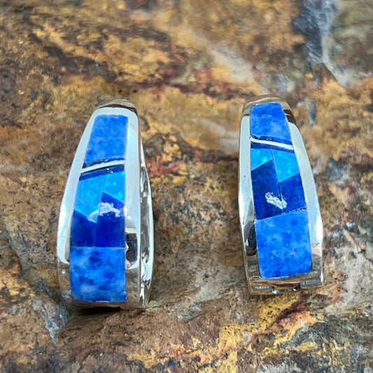 David Rosales Blue Sky Fancy Inlaid Sterling Silver Earrings Huggie