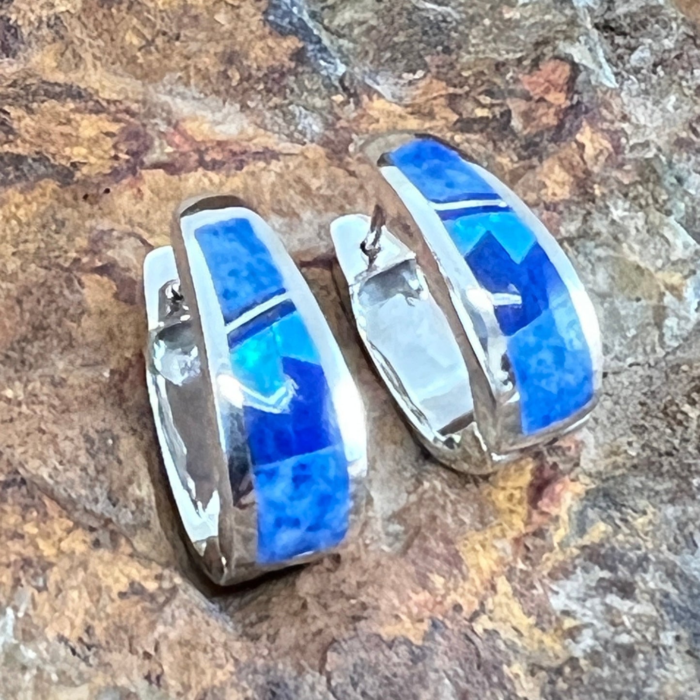 David Rosales Blue Sky Fancy Inlaid Sterling Silver Earrings Huggie