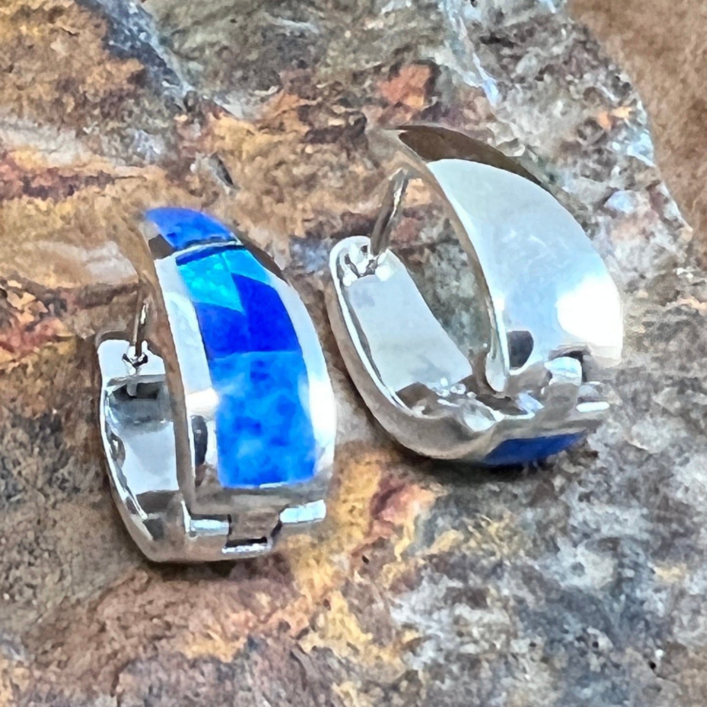 David Rosales Blue Sky Fancy Inlaid Sterling Silver Earrings Huggie