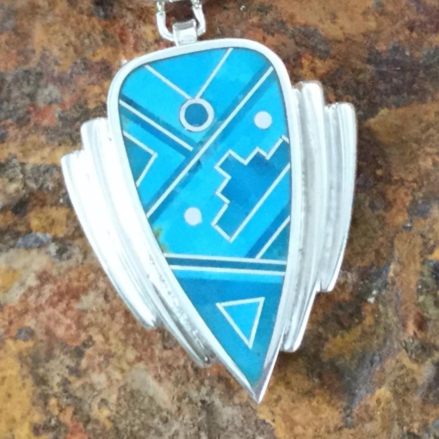 David Rosales Arizona Blue Fancy Inlaid Sterling Silver Pendant Yeii