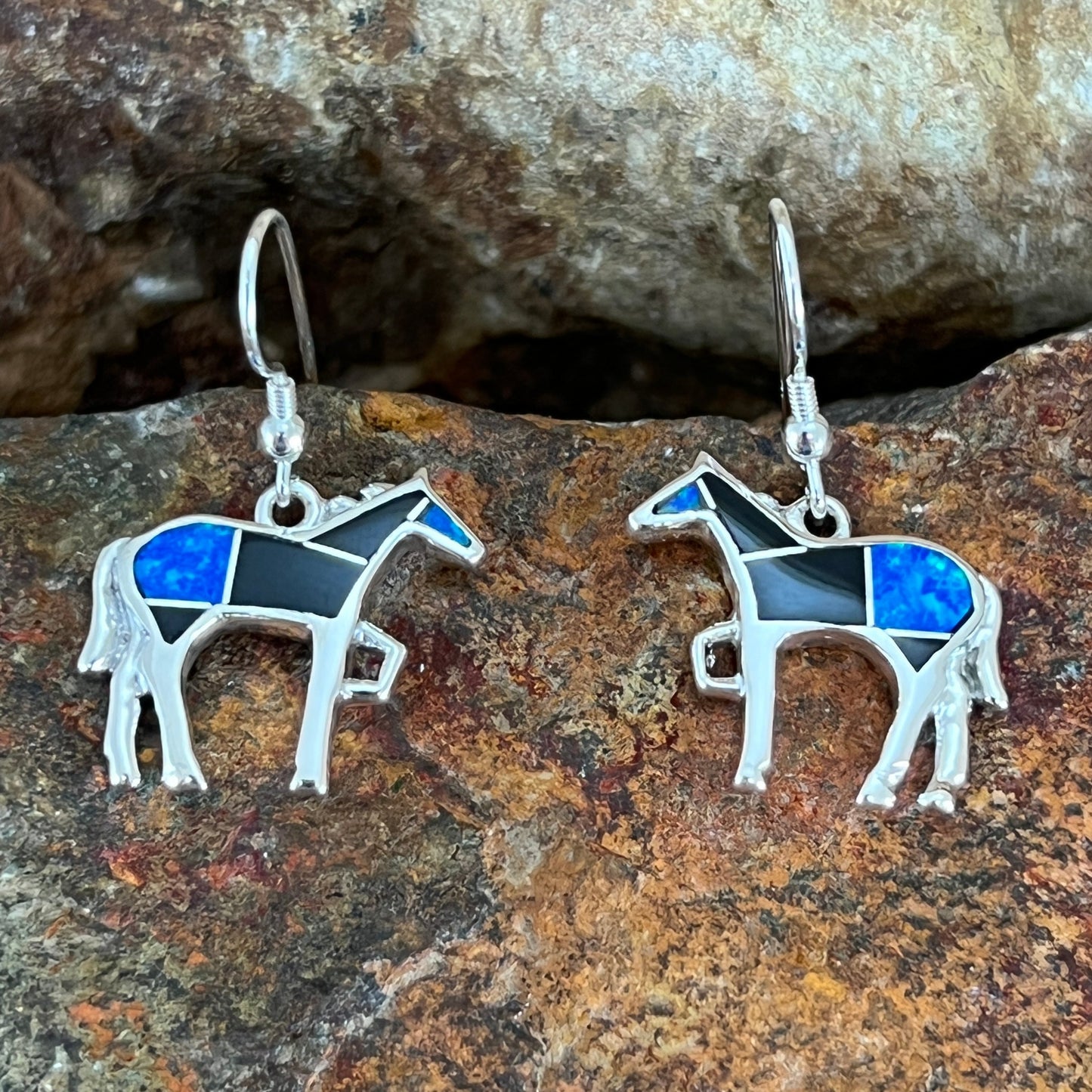 David Rosales Black Beauty Inlaid Sterling Silver Earrings Horse