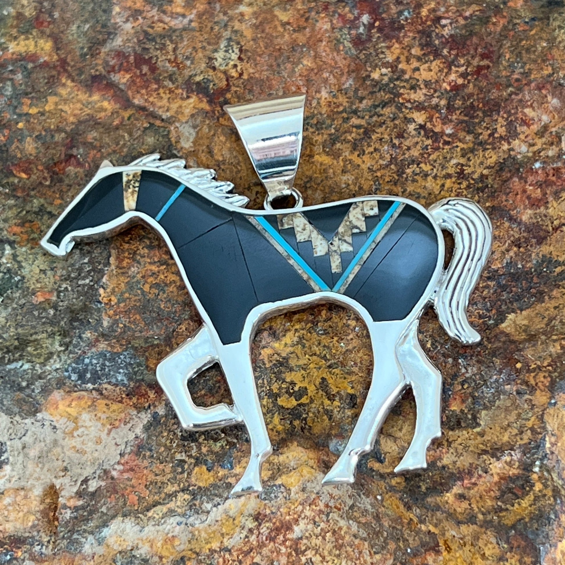 David Rosales Turquoise Creek Fancy Inlaid Sterling Silver Pendant Horse