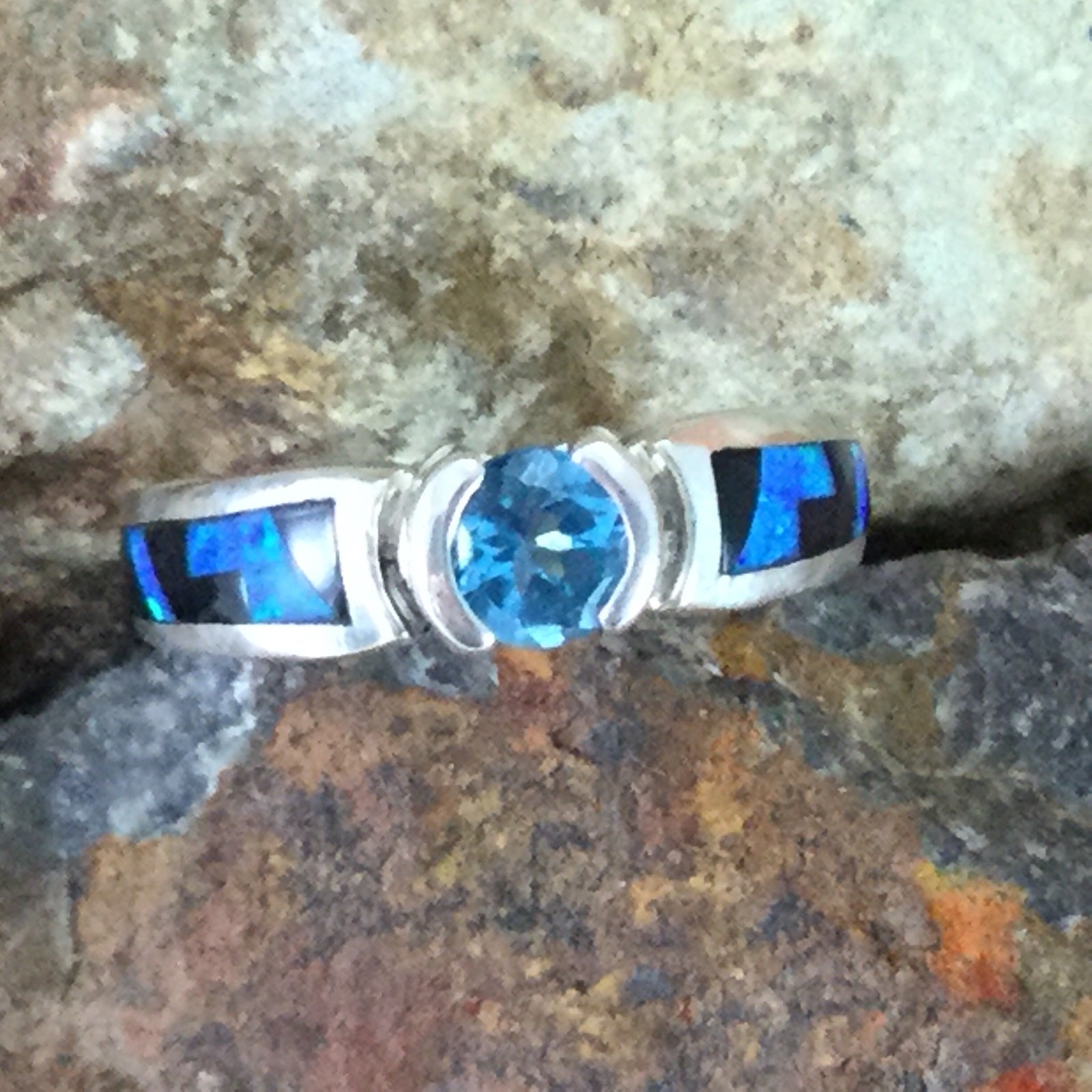 David Rosales Black Beauty Fancy Inlaid Sterling Silver Ring w/ Blue Topaz