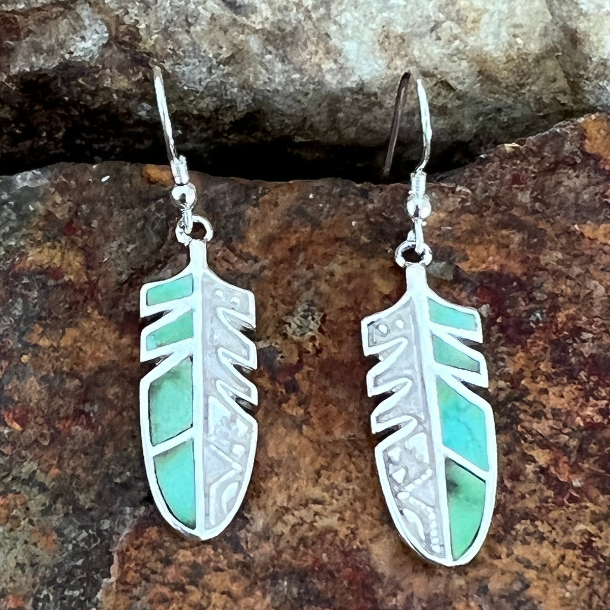 David Rosales Sonoran Gold Turquoise Inlaid Sterling Silver Earrings Feather