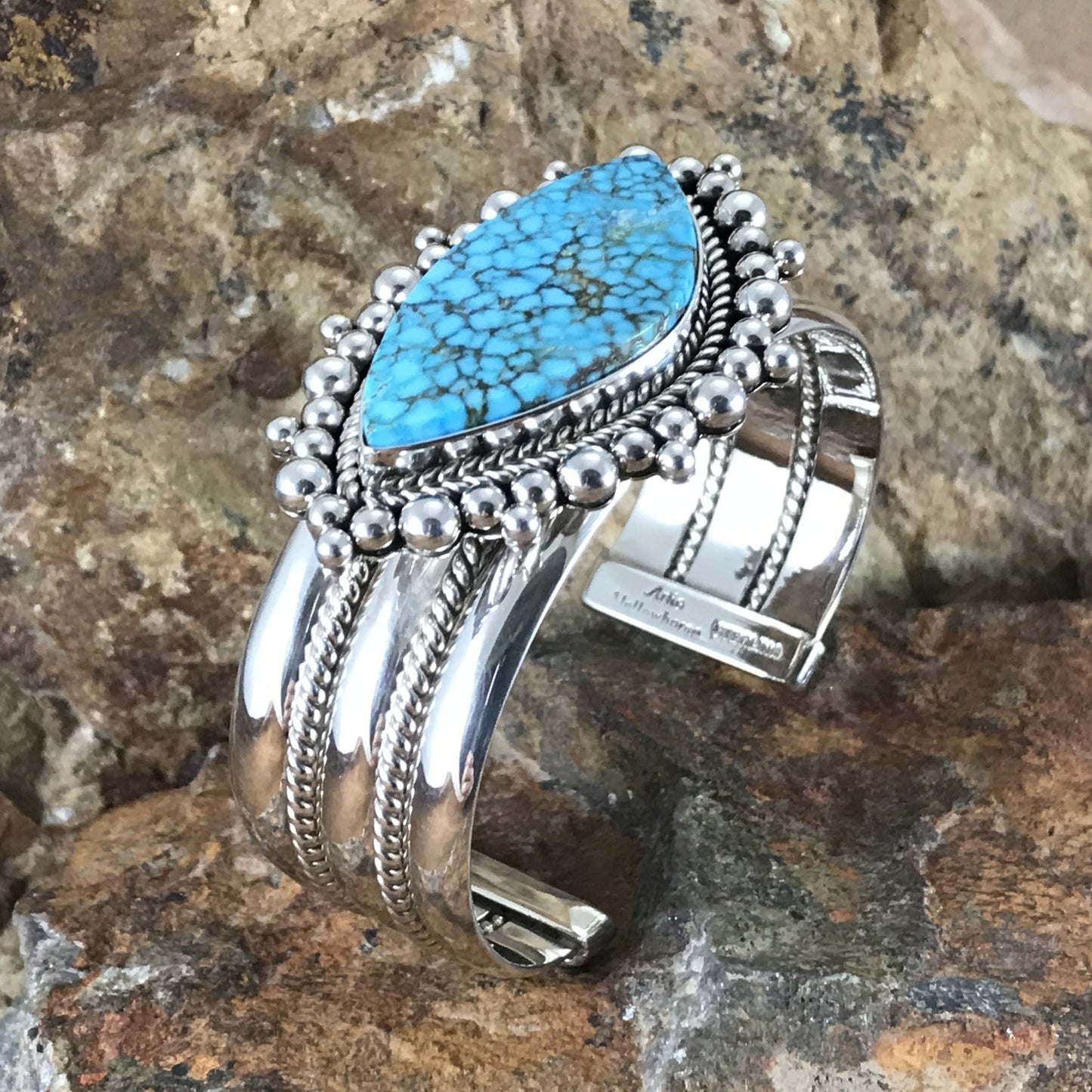 Kingman Web Turquoise Sterling Silver Bracelet by Artie Yellowhorse