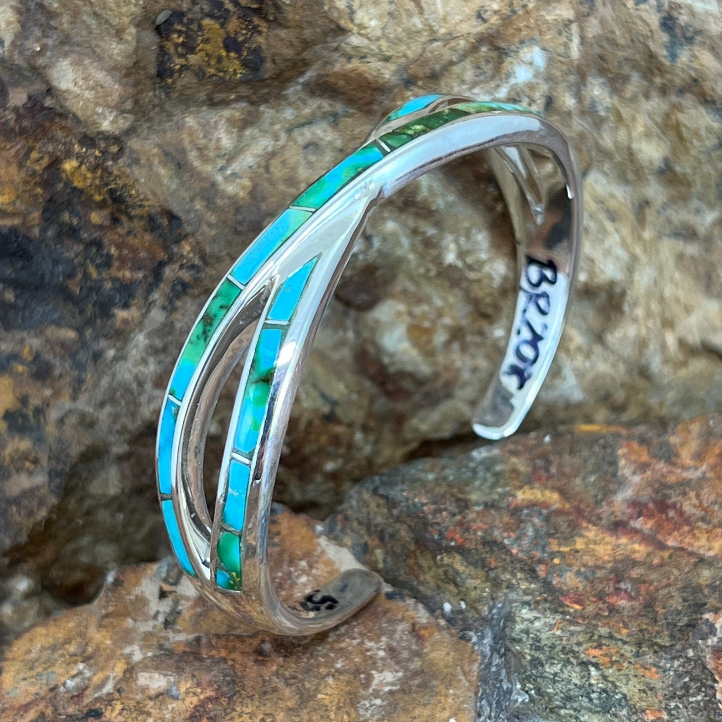 David Rosales Sonoran Gold Turquoise Inlaid Sterling Silver Bracelet