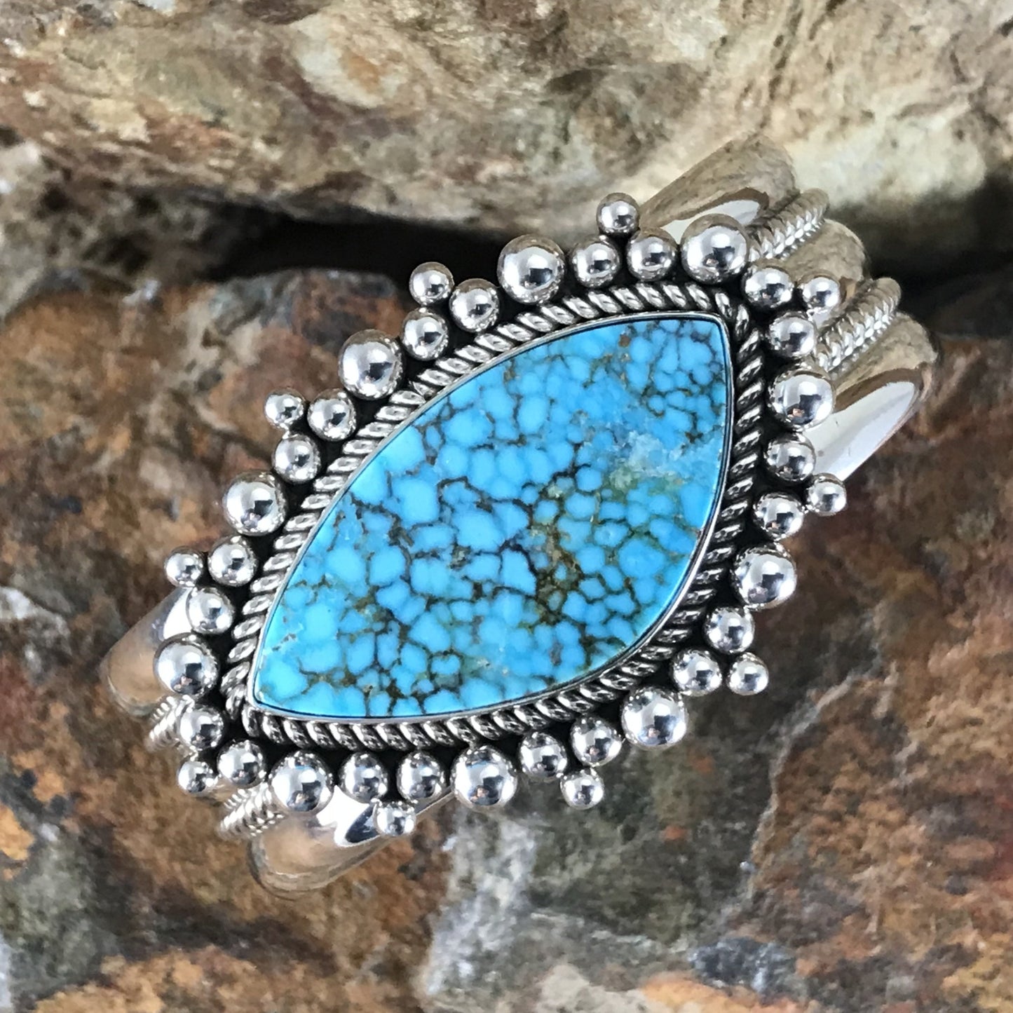 Kingman Web Turquoise Sterling Silver Bracelet by Artie Yellowhorse