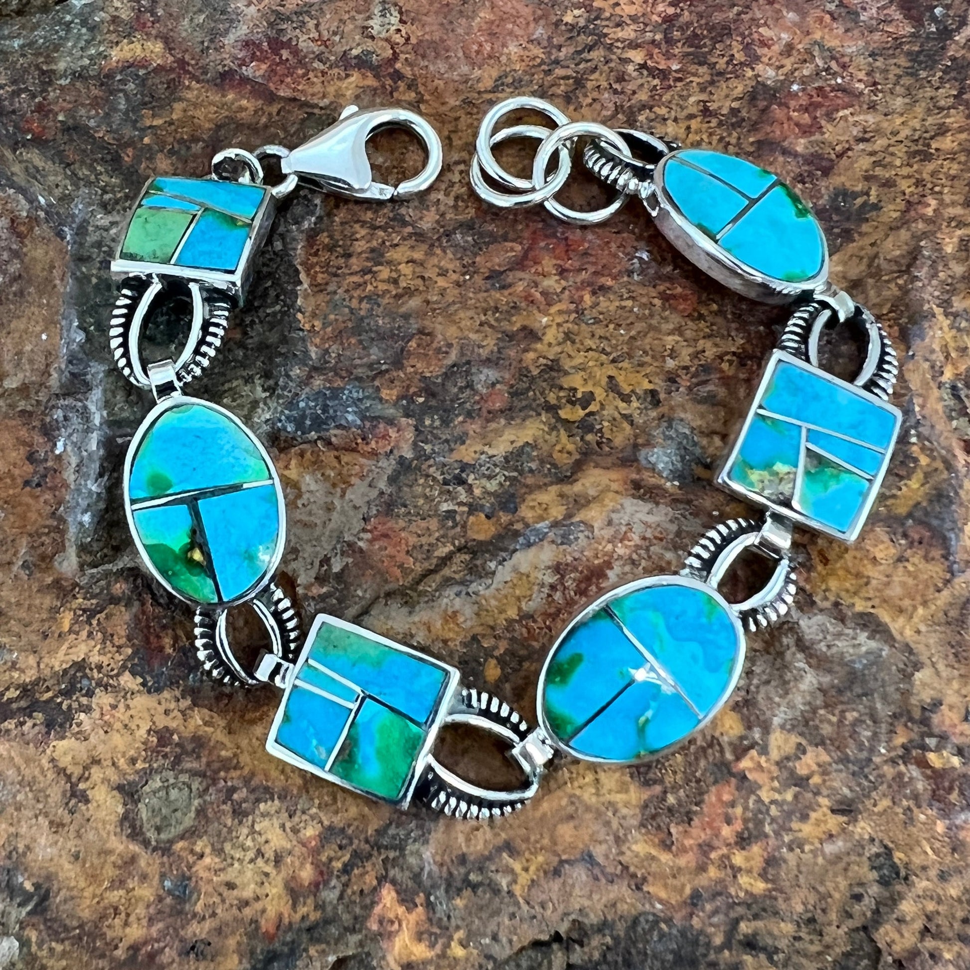 David Rosales Sonoran Gold Turquoise Inlaid Sterling Silver Link Bracelet