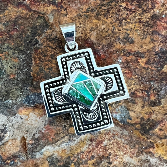 David Rosales Sonoran Gold Inlaid Sterling Silver Pendant Cross