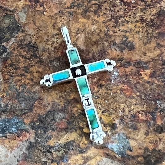 David Rosales Sonoran Gold Turquoise Inlaid Sterling Silver Pendant Cross