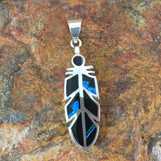 David Rosales Black Beauty Inlaid Sterling Silver Pendant Feather