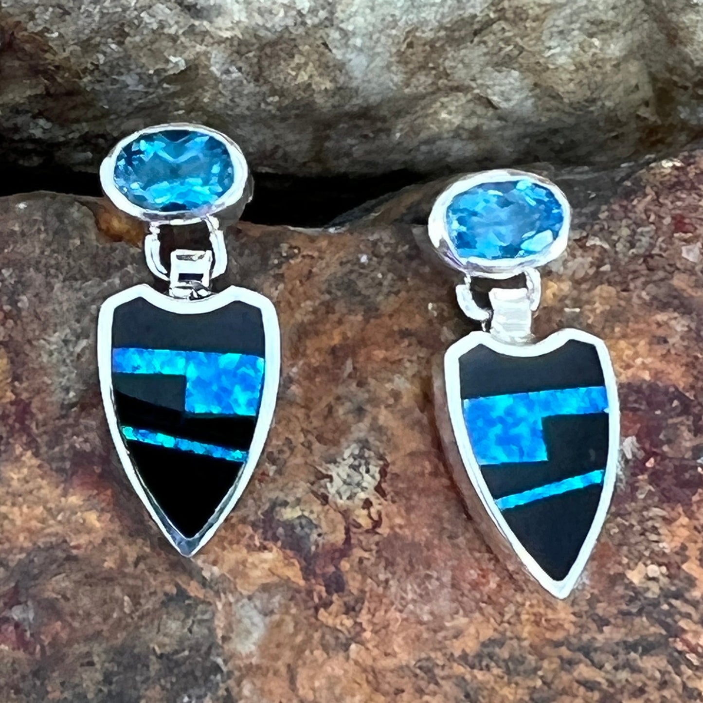 David Rosales Black Beauty Inlaid Sterling Silver Earrings Leaf w/ Blue Topaz