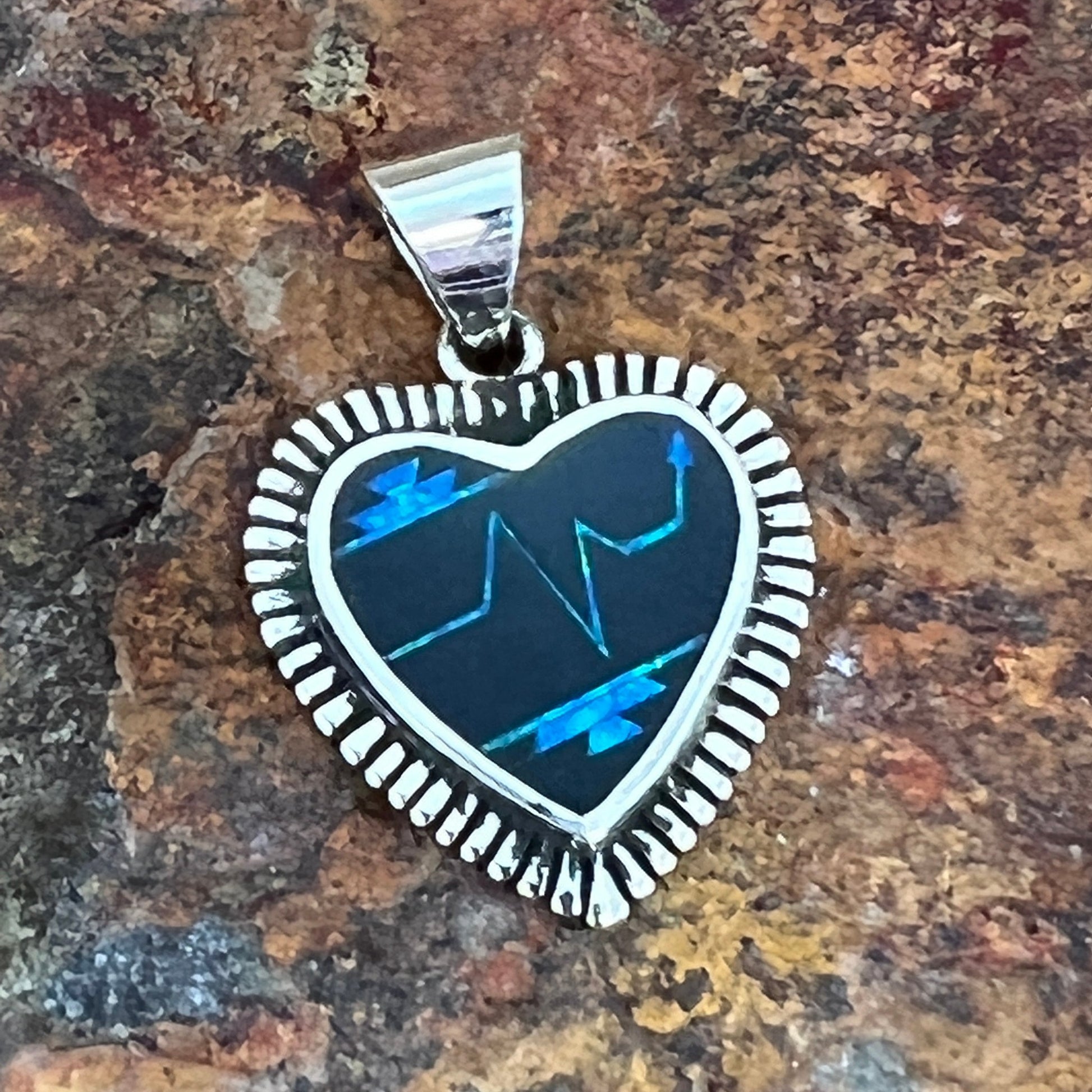 David Rosales Black Beauty Fancy Inlaid Sterling Silver Pendant Heart