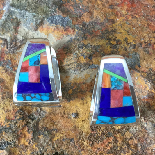 David Rosales Indian Summer Fancy Inlaid Sterling Silver Huggie Earrings