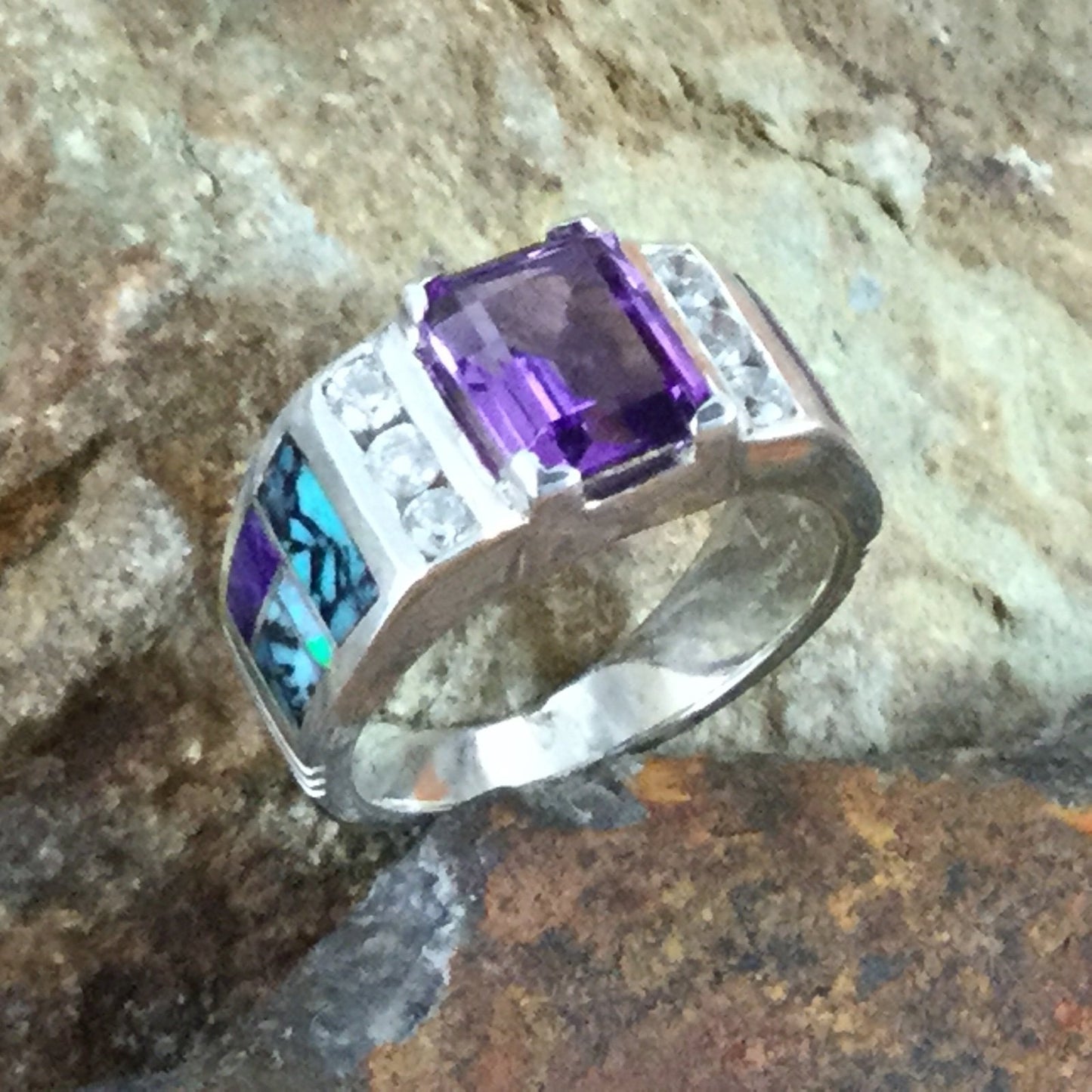 David Rosales Shalako Inlaid Sterling Silver Ring w/ Amethyst