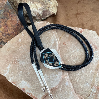 David Rosales Turquoise Creek Fancy Inlaid Sterling Silver Bolo Tie