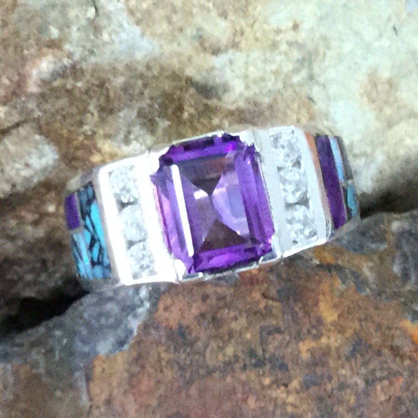 David Rosales Shalako Inlaid Sterling Silver Ring w/ Amethyst