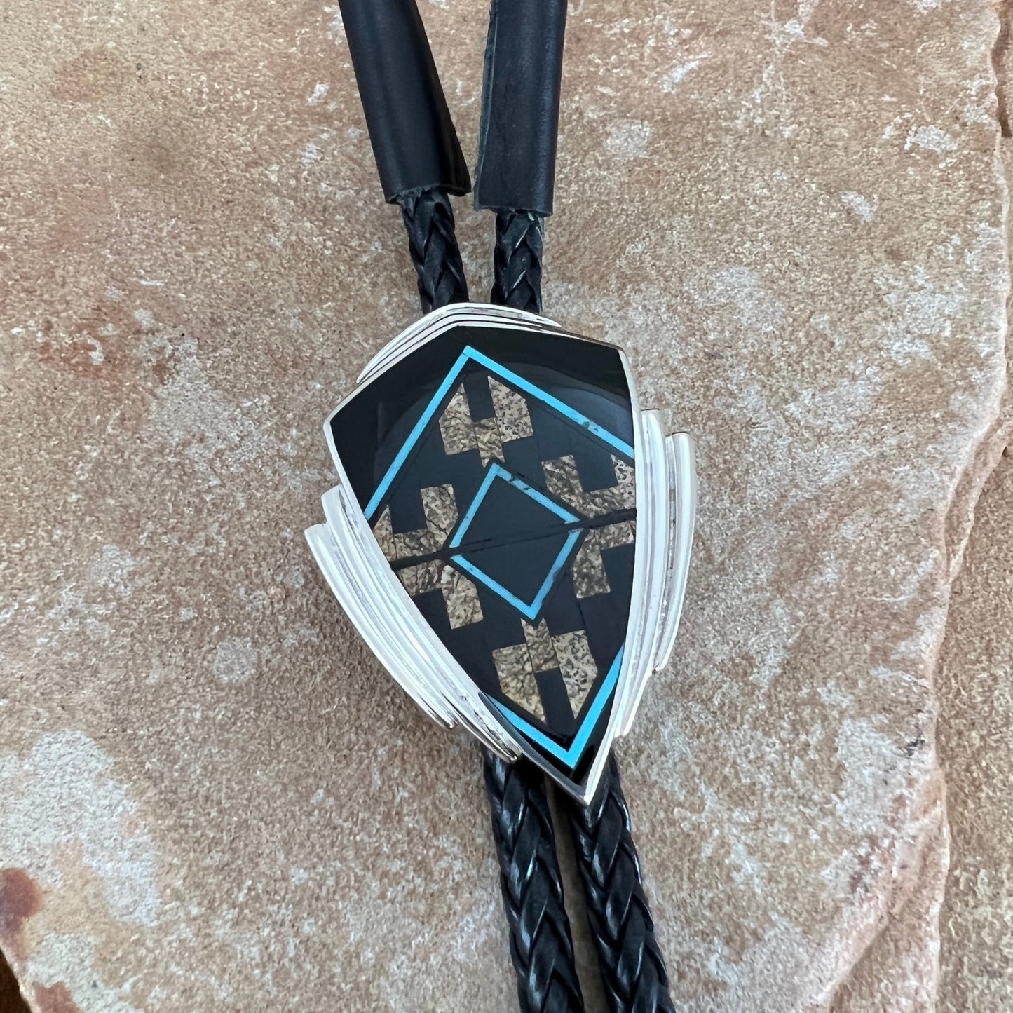 David Rosales Turquoise Creek Fancy Inlaid Sterling Silver Bolo Tie