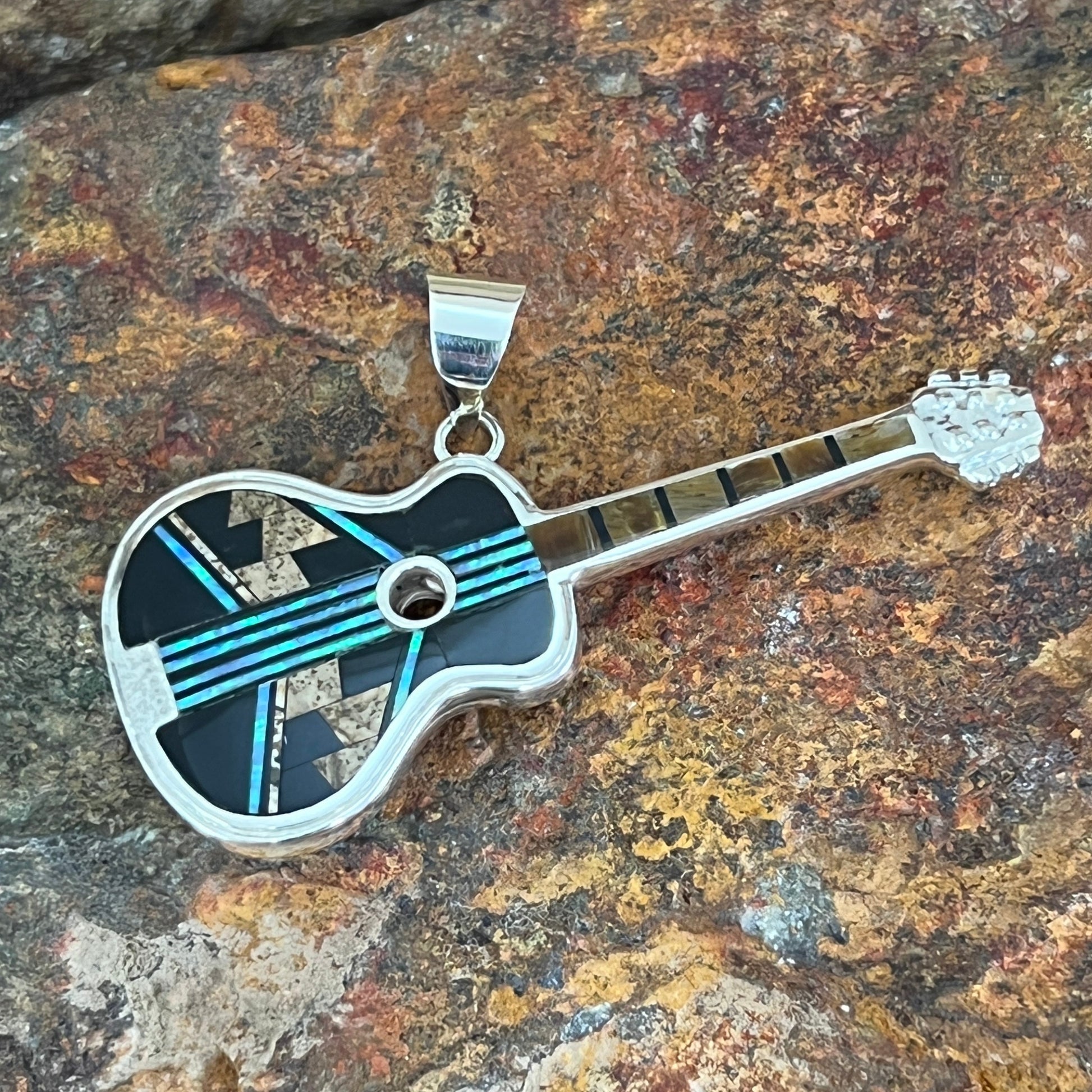 David Rosales Native Lite Fancy Inlaid Sterling Silver Pendant Guitar