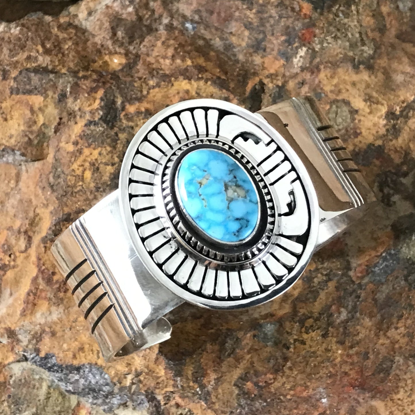 Kingman Turquoise Sterling Silver Bracelet by Leonard Nez