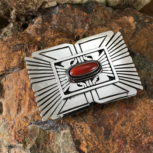 Mediterranean Red Coral Sterling Silver Belt Buckle by Leonard Nez