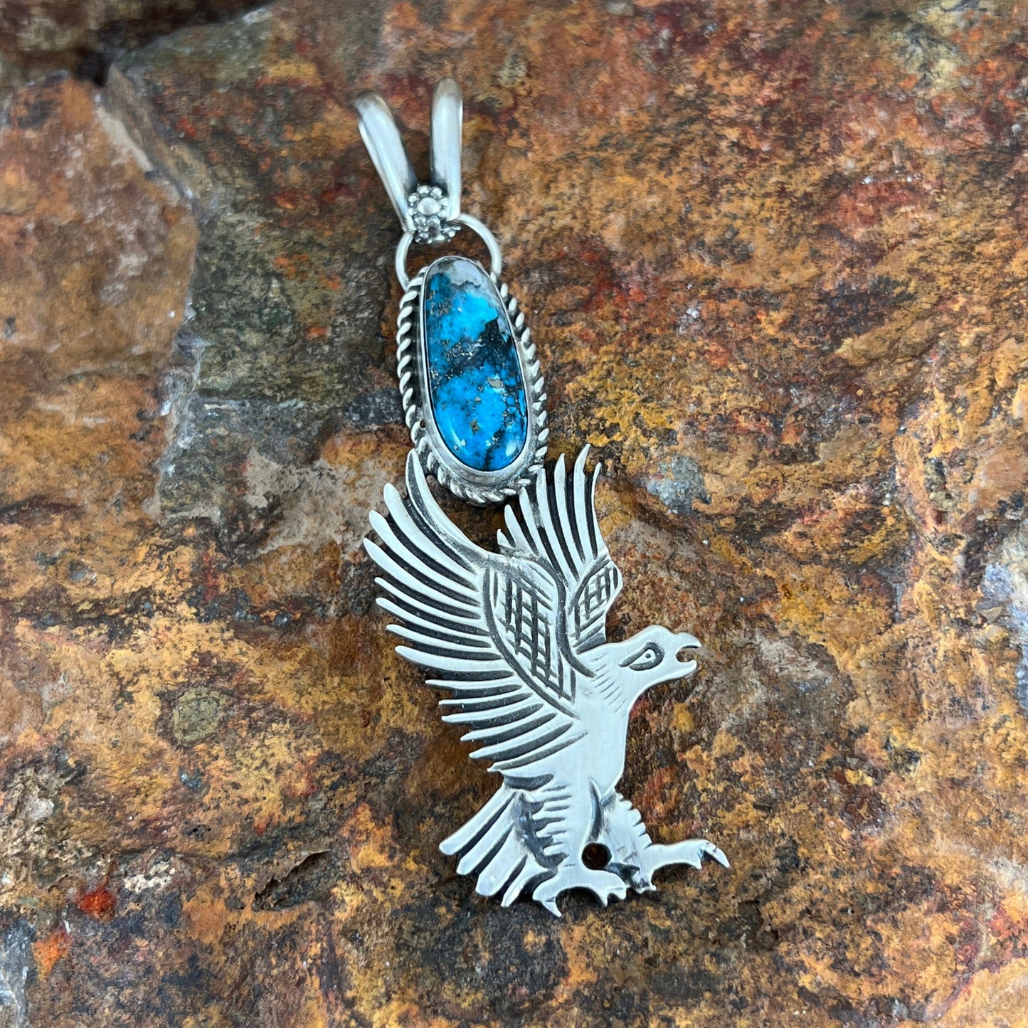 Blue Moon Turquoise Sterling Silver Pendant Eagle by Mary Tso