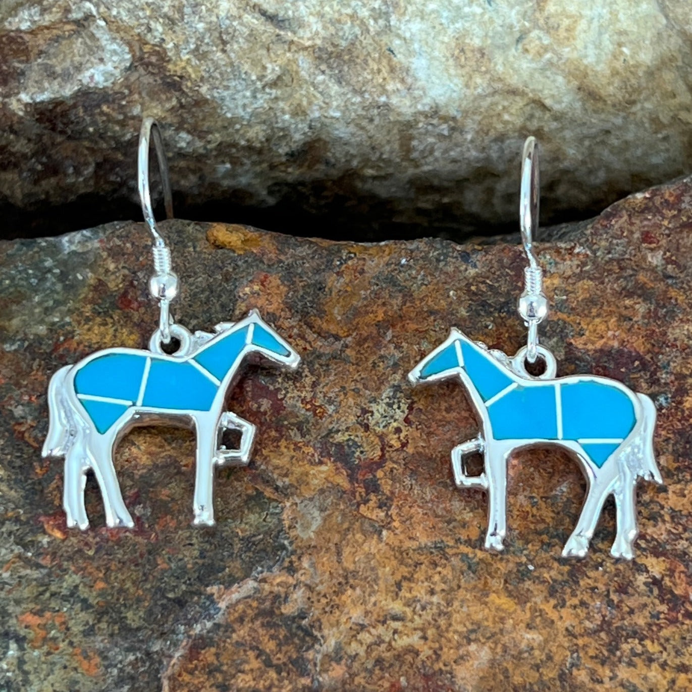 David Rosales Arizona Blue Fancy Inlaid Sterling Silver Earrings Horse