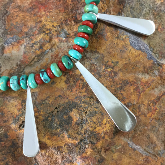 Kingman Turquoise, Coral & Sterling Silver Tab Necklace by Melanie Lente