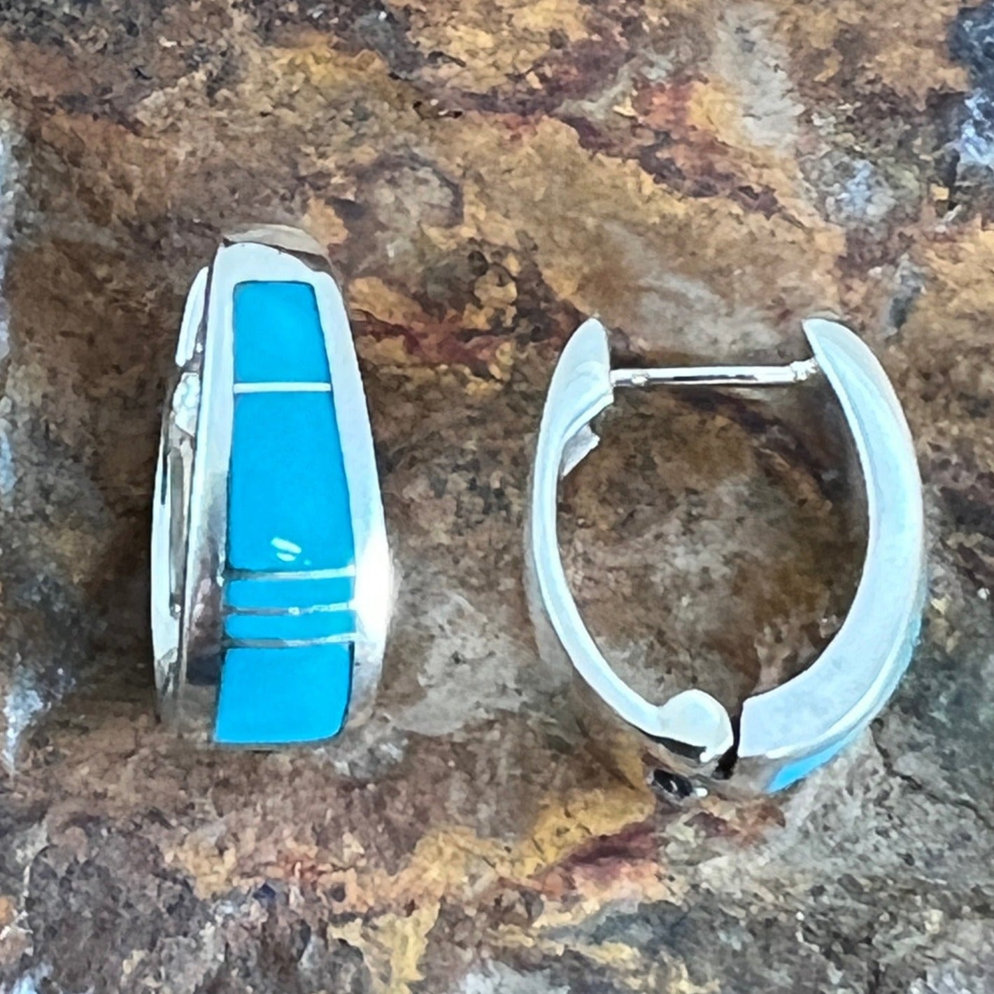 David Rosales Arizona Blue Inlaid Sterling Silver Earrings Huggie