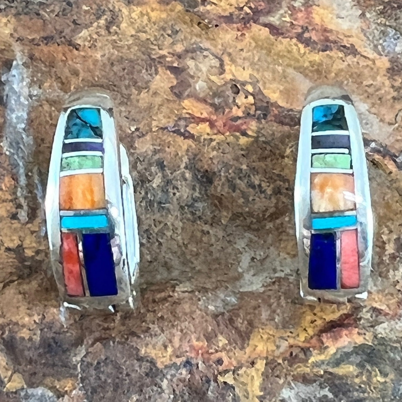 David Rosales Indian Summer Inlaid Sterling Silver Earrings Huggie