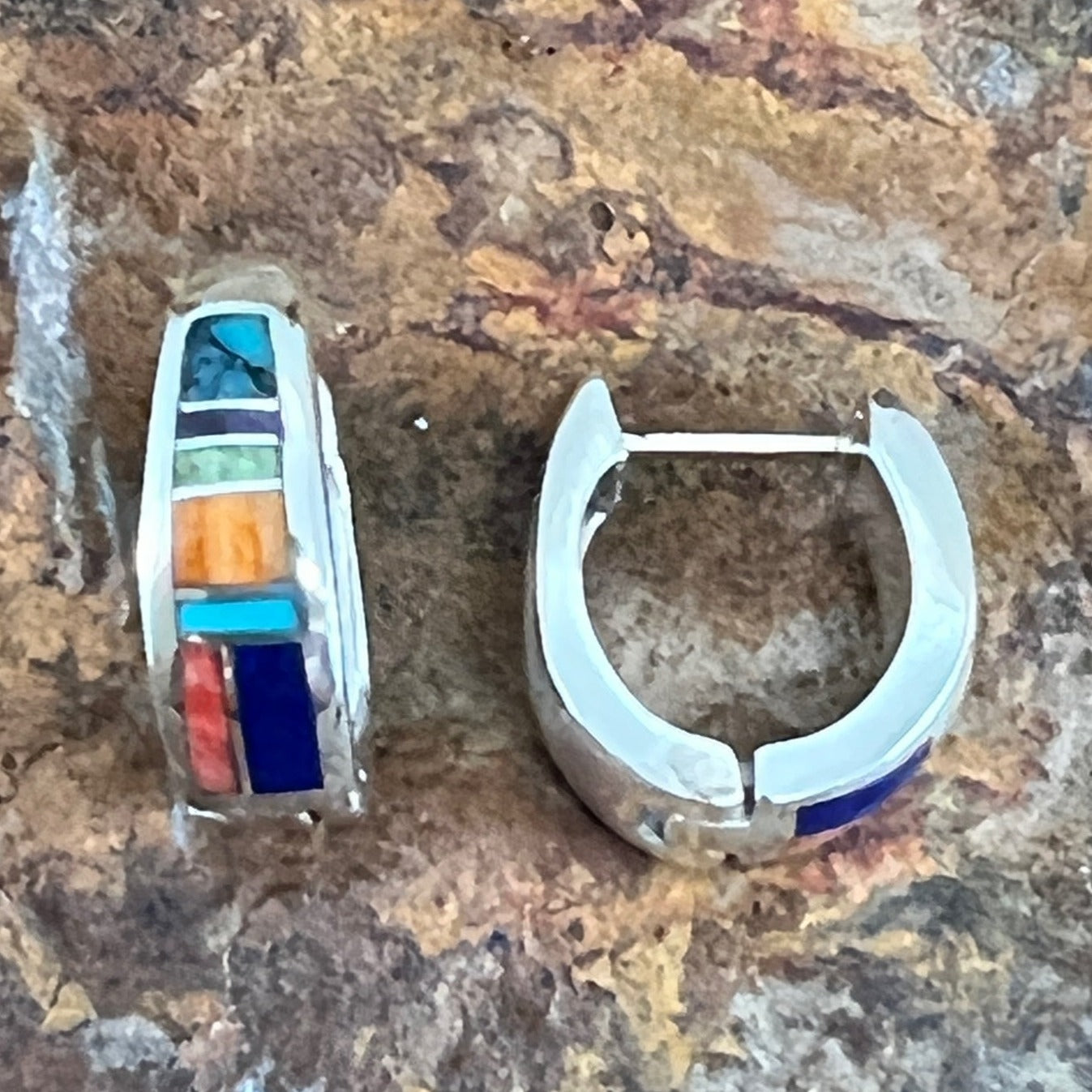 David Rosales Indian Summer Inlaid Sterling Silver Earrings Huggie