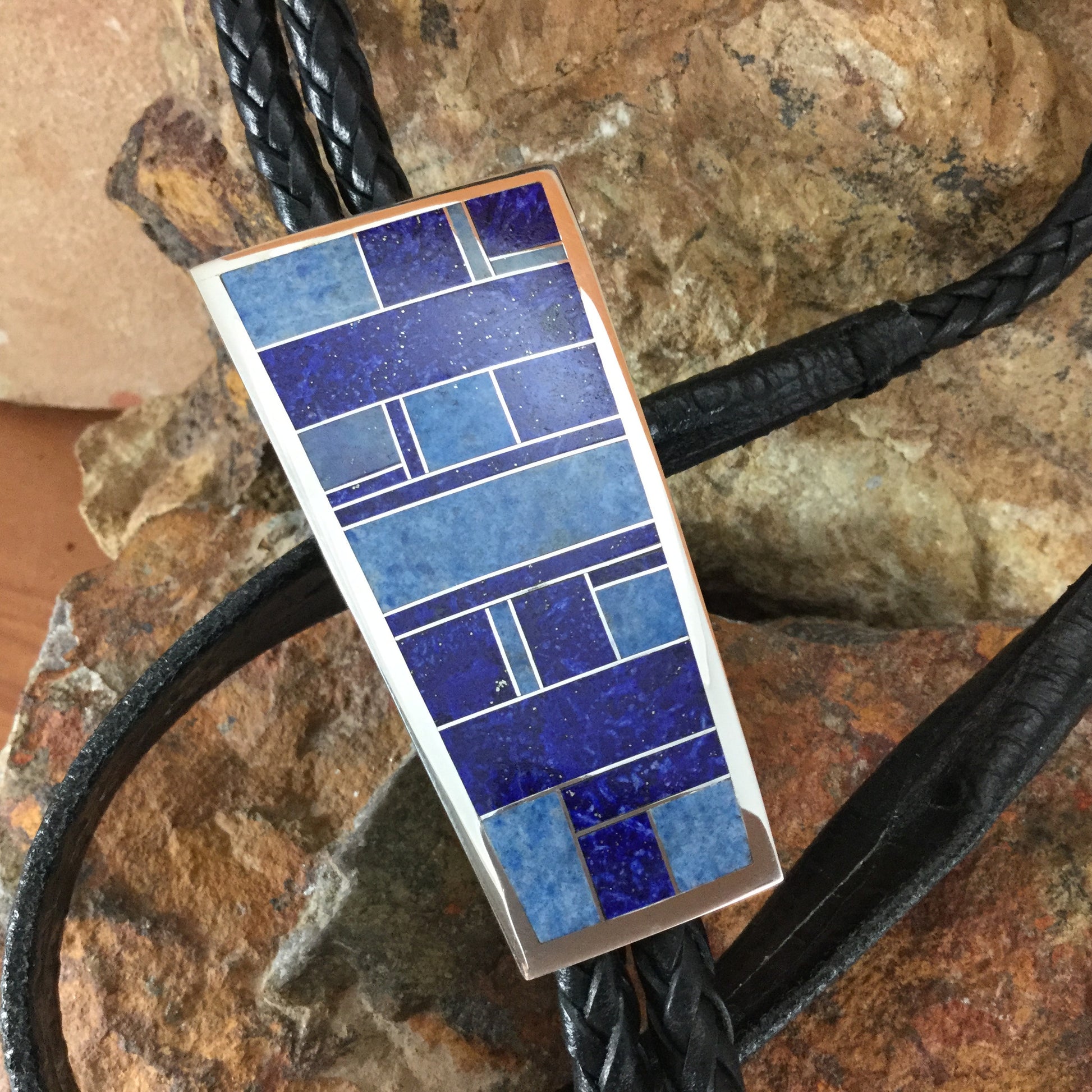 David Rosales Blue Water Inlaid Sterling Silver Bolo Tie