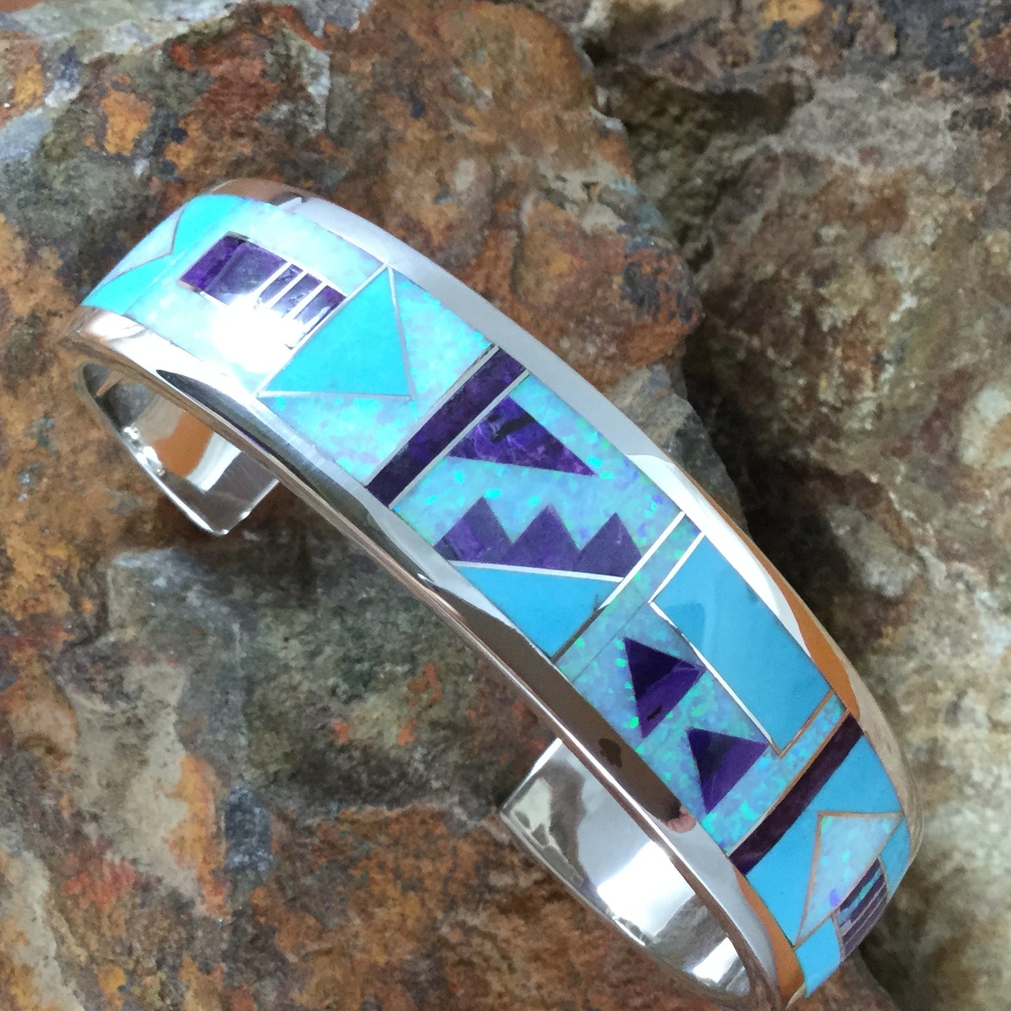 David Rosales Shalako Fancy Inlaid Sterling Silver Bracelet