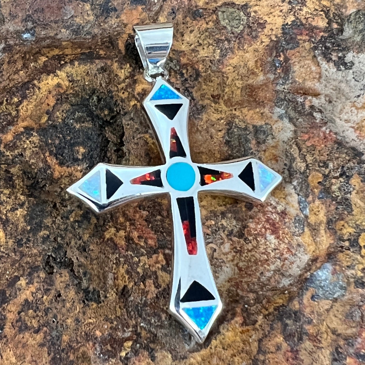 David Rosales Red Moon Inlaid Sterling Silver Pendant Cross