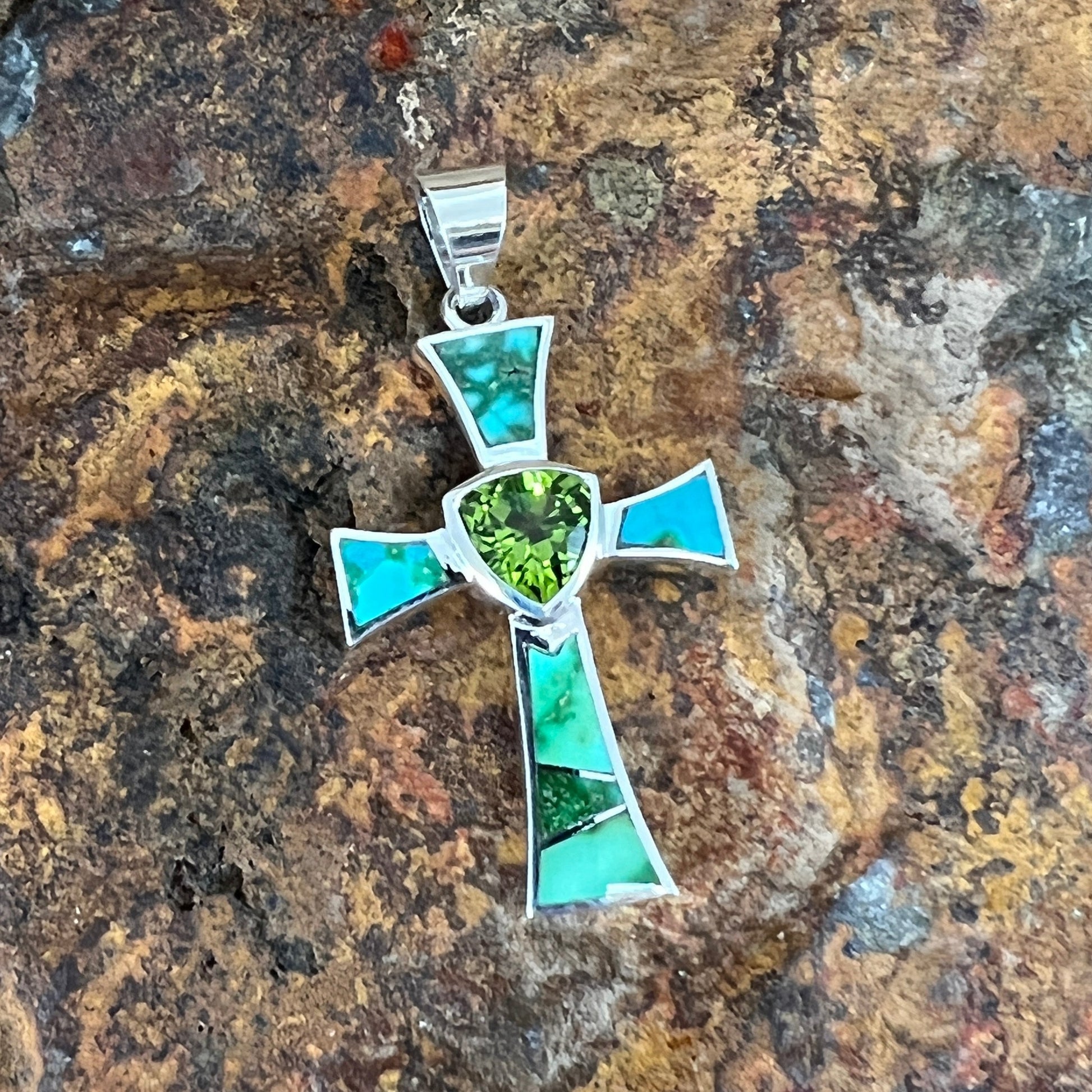 David Rosales Sonoran Gold Inlaid Sterling Silver Pendant Cross w Peridot