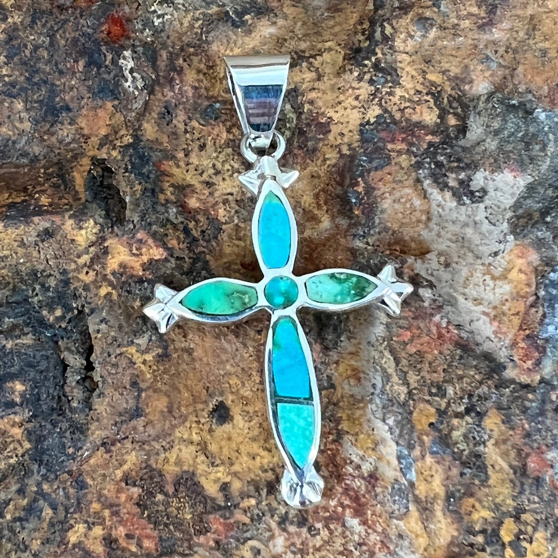 David Rosales Sonoran Gold Inlaid Sterling Silver Pendant Cross