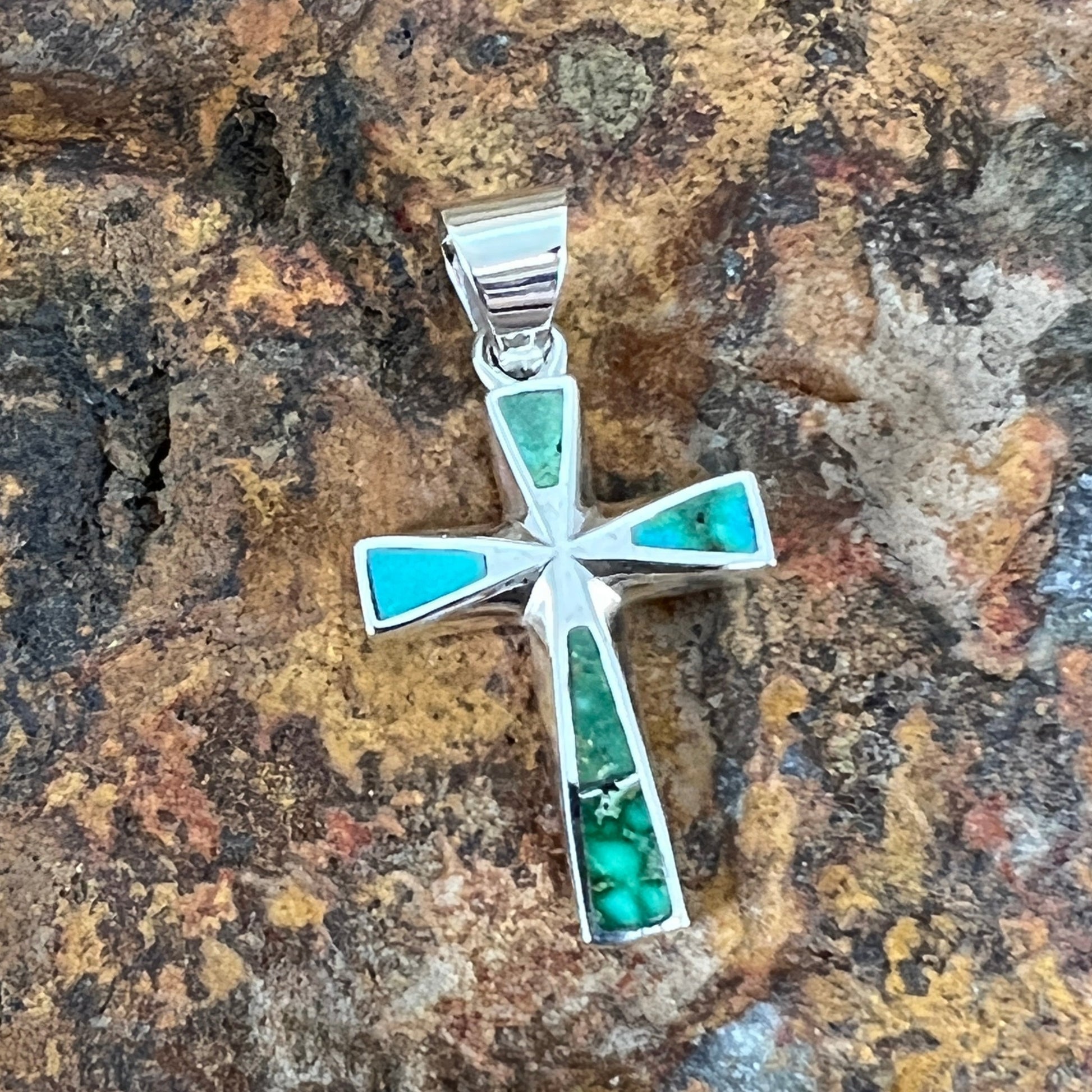 David Rosales Sonoran Gold Inlaid Sterling Silver Pendant Cross