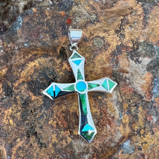 David Rosales Sonoran Gold Inlaid Sterling Silver Pendant Cross