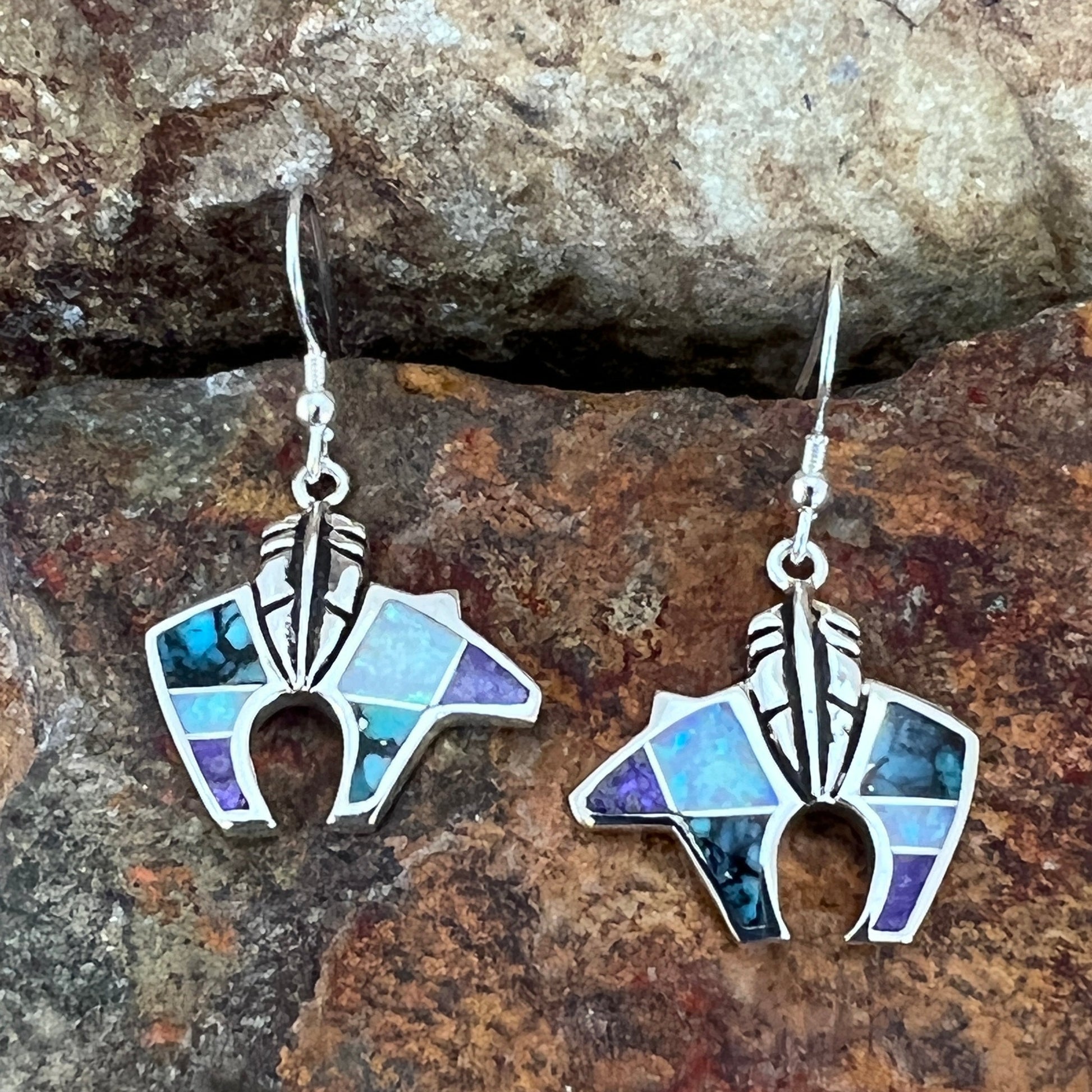 David Rosales Shalako Inlaid Sterling Silver Earrings Bears