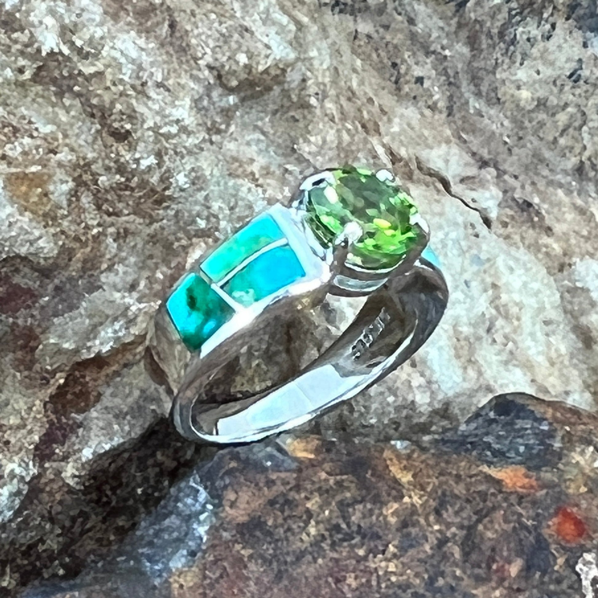 David Rosales Sonoran Gold Turquoise Inlaid Sterling Silver Ring w/ Peridot