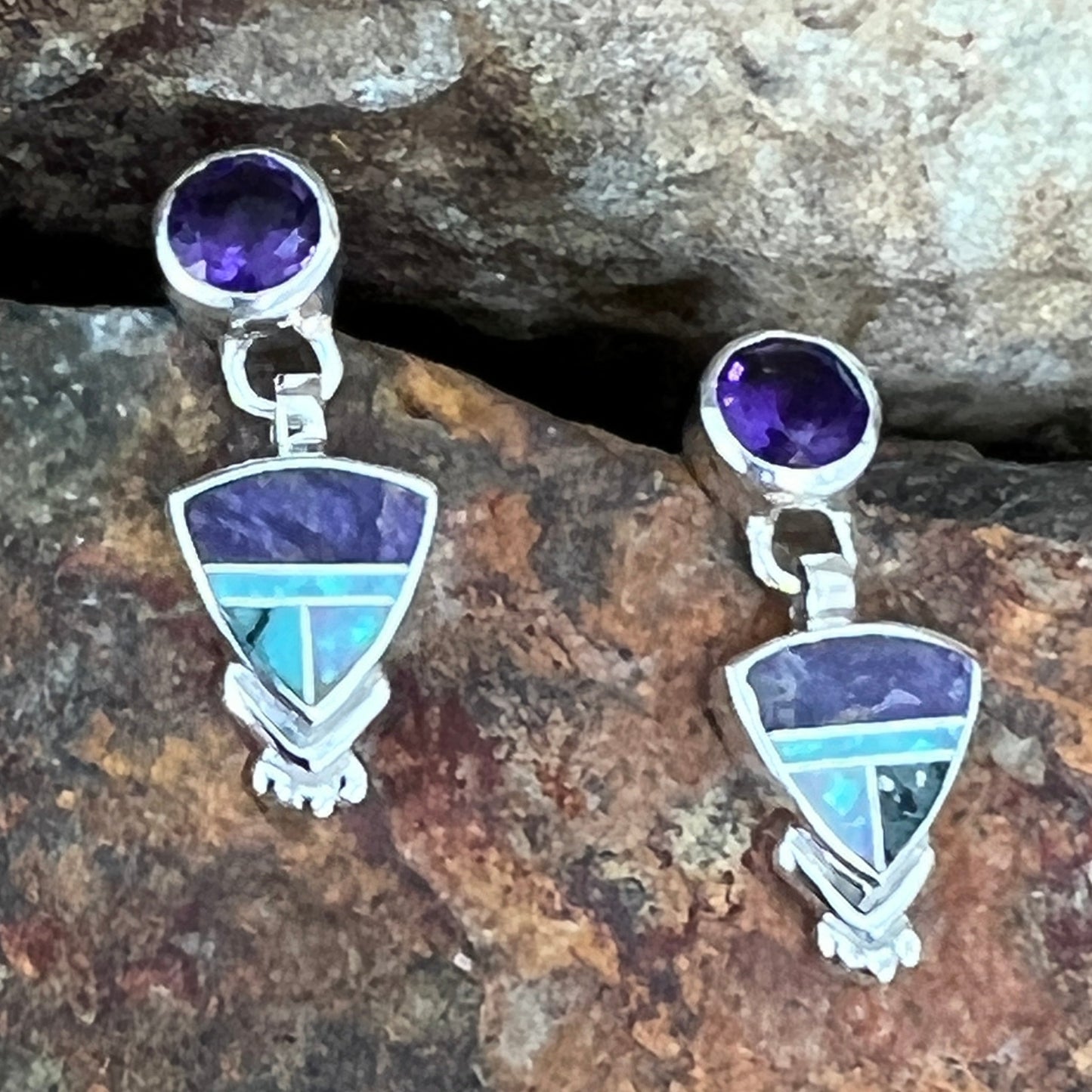 David Rosales Shalako Inlaid Sterling Silver Earrings w/ Amethyst