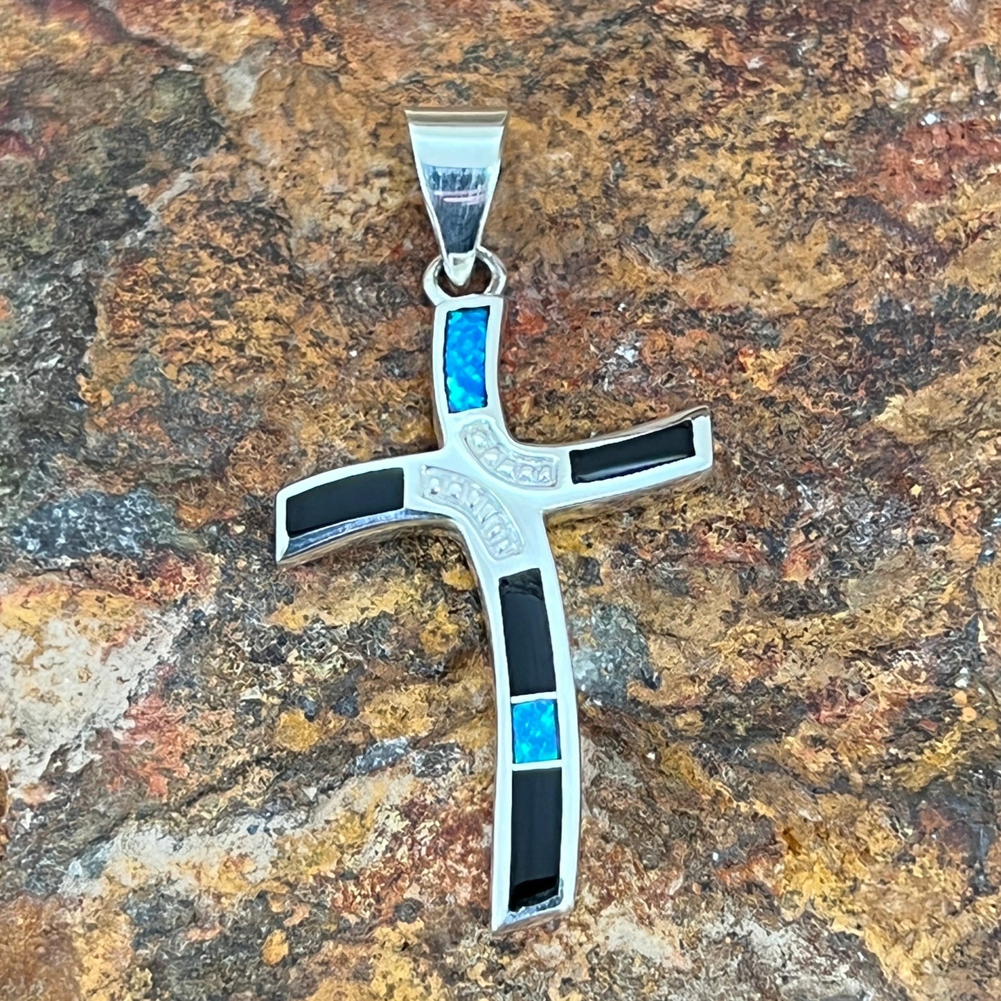 David Rosales Black Beauty Inlaid Sterling Silver Pendant Cross