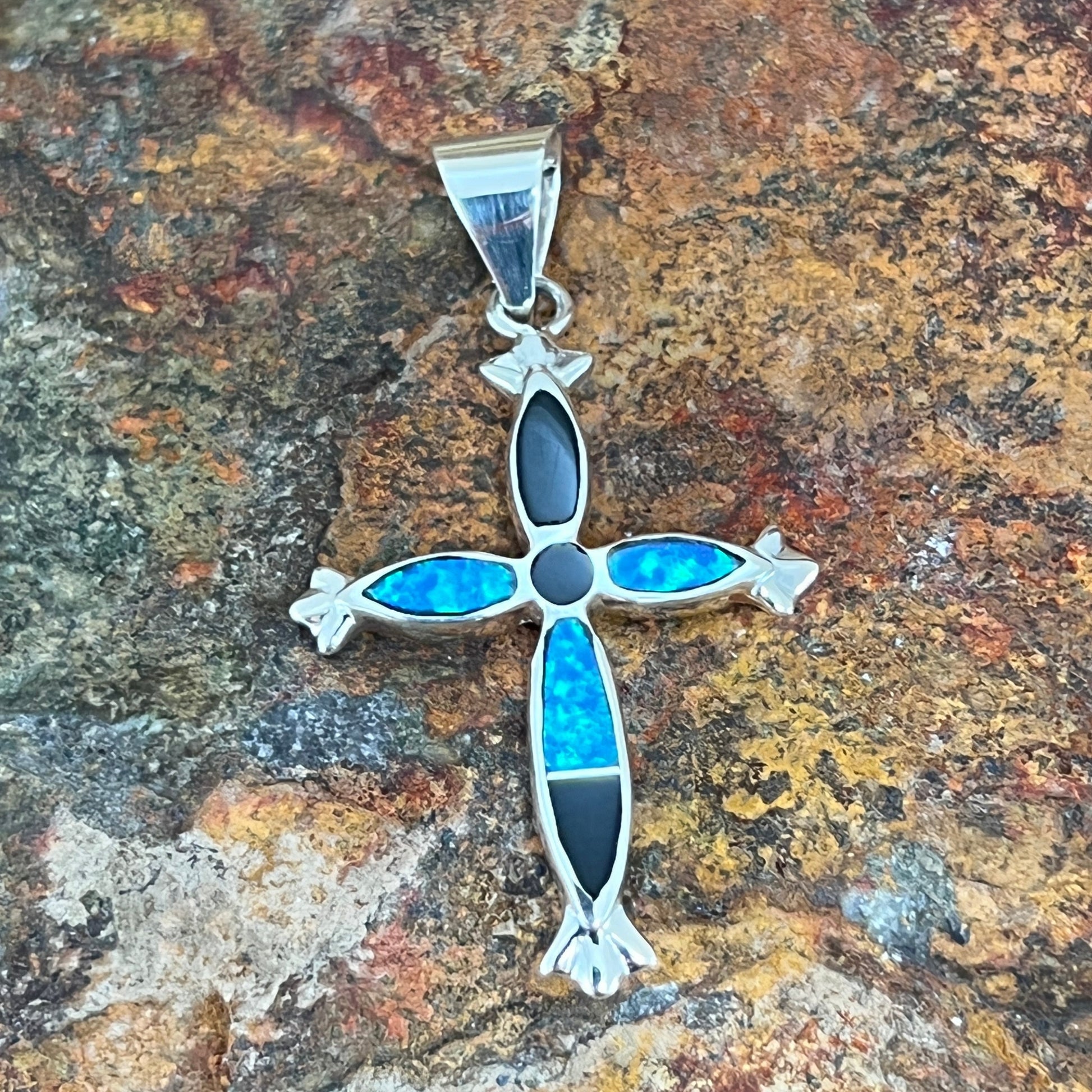 David Rosales Black Beauty Inlaid Sterling Silver Pendant Cross